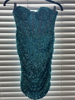 Strapless Teal Sequin Mini Dress